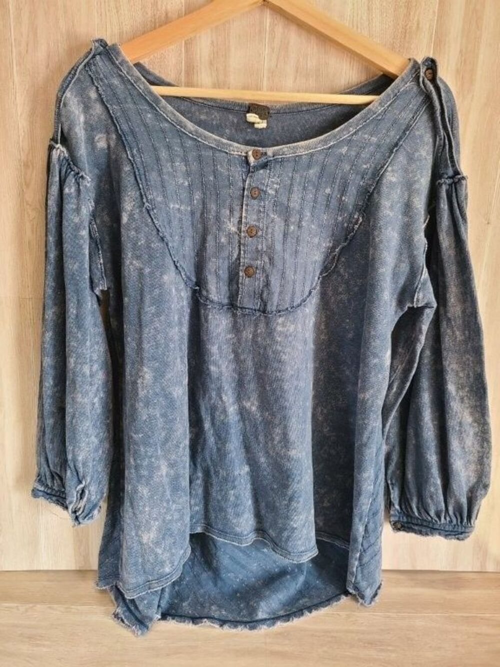 Free People We The Free Blue Distressed Cotton Bib Top Womens XS Puff Sleeve